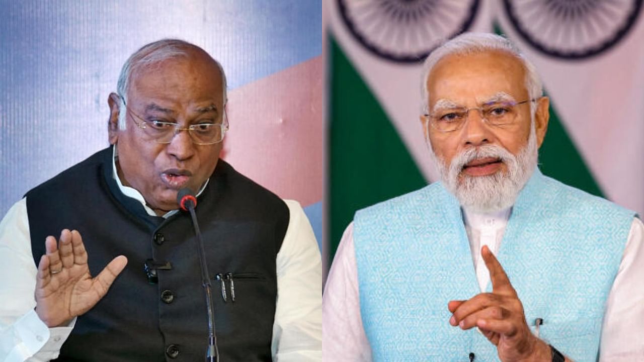 Congress President Mallikarjun Kharge (left) and Prime Minister Narendra Modi (right). Credit: PTI Photos
