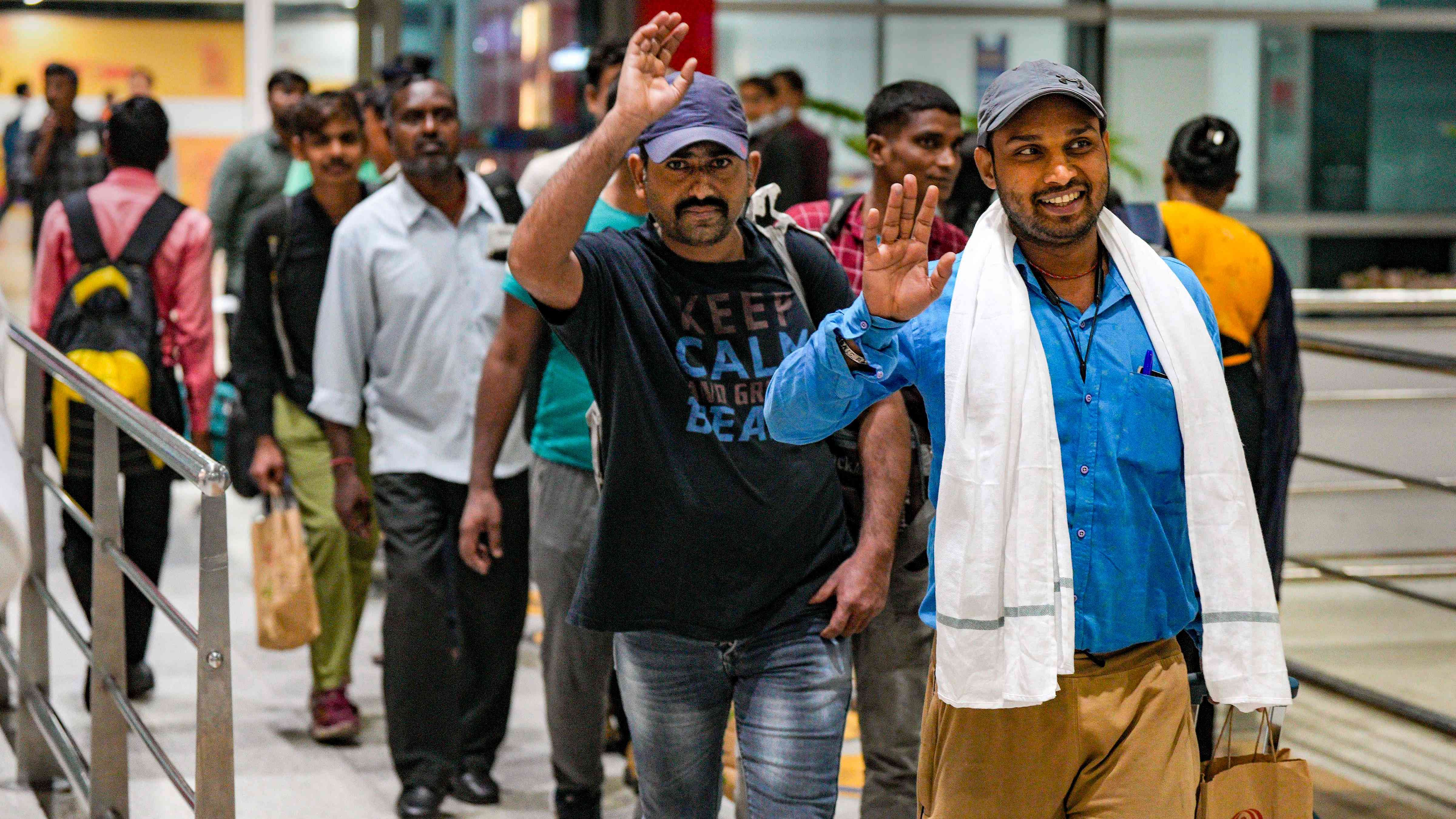 Indian nationals evacuated from violence-hit Sudan under Operation Kaveri, on their arrival at the IGI Airport in New Delhi. Credit: PTI Photo
