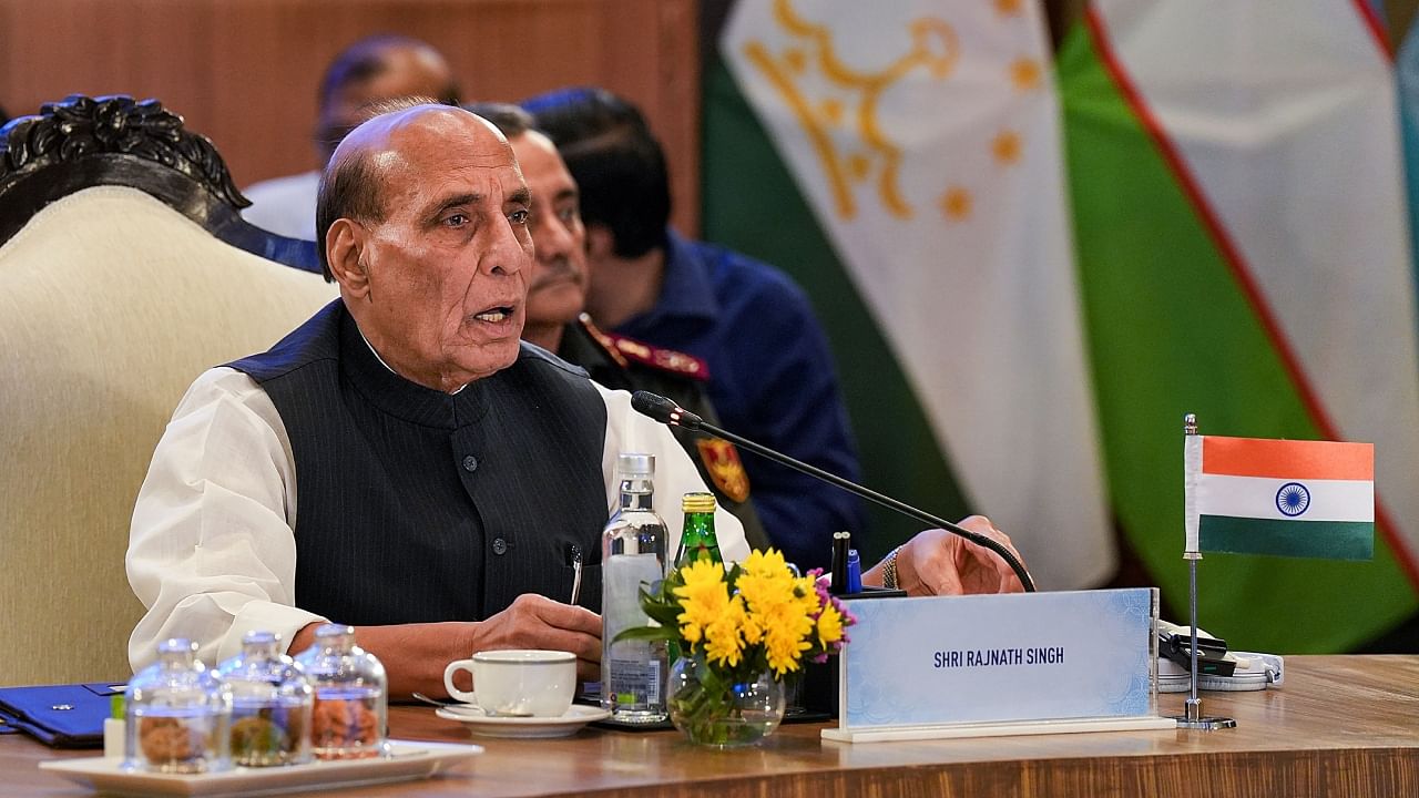  Defence Minister Rajnath Singh addresses during the Shanghai Cooperation Organisation (SCO) Defence Ministers' Meeting, in New Delhi, Friday, April 28, 2023. Credit: PTI Photo