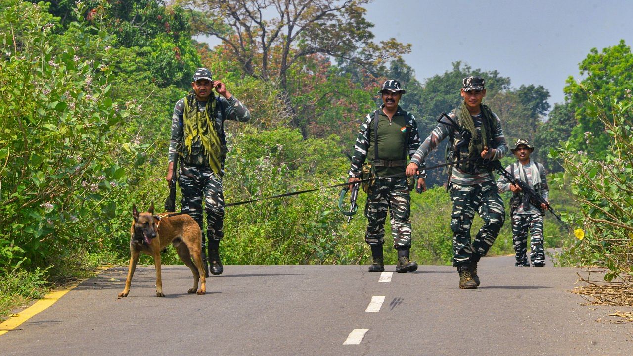 CRPF personnel during a search for Naxalites in sensitive areas of Dantewada district. Credit: PTI Photo