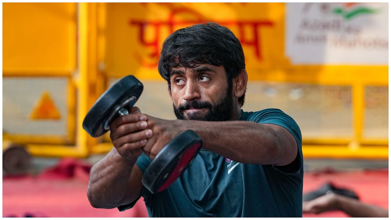 Wrestler Bajrang Punia exercises near Jantar Mantar during a protest, in New Delhi, Thursday, April 27, 2023. Credit: PTI Photo