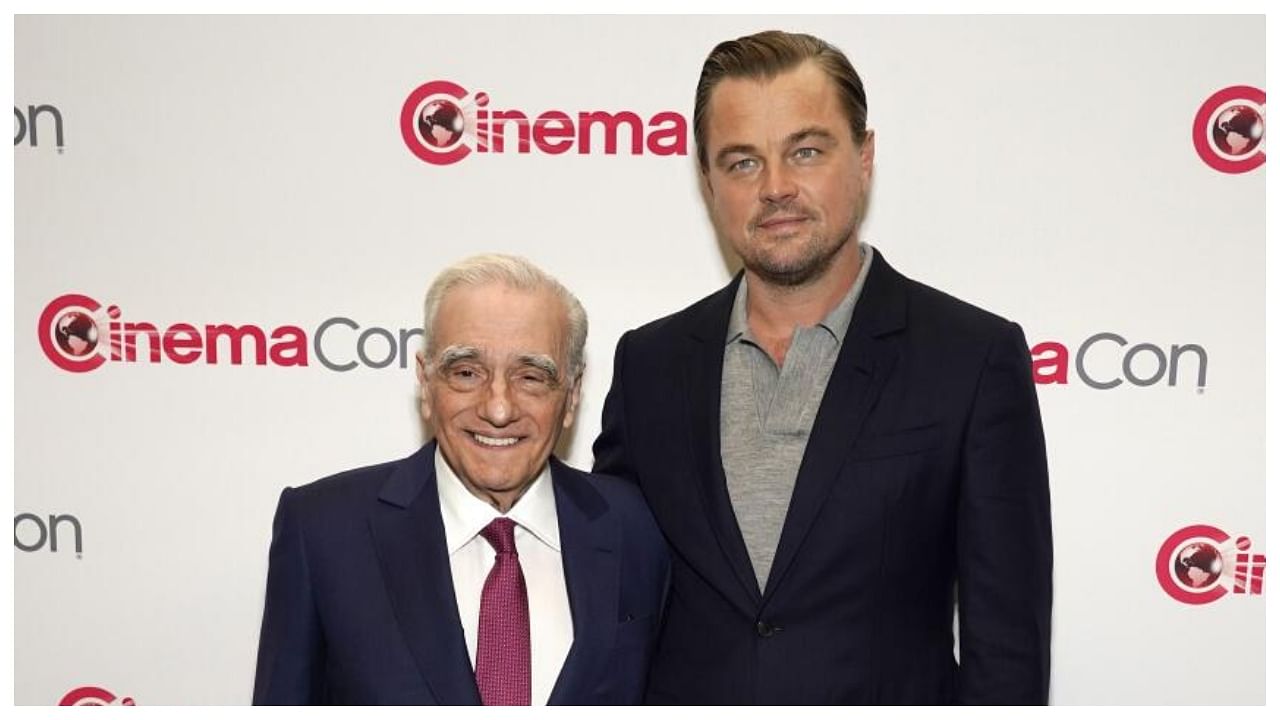 Director Martin Scorsese, left, and actor Leonardo DiCaprio pose together before the Martin Scorsese 'Legend of Cinema' Award Presentation at CinemaCon 2023, in Las Vegas. Credit: AP/PTI Photos