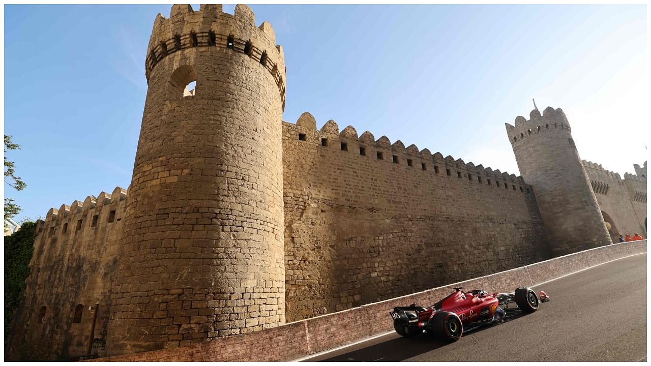 Ferrari's Monegasque driver Charles Leclerc steers his car during the qualifying session for the Formula One Azerbaijan Grand Prix at the Baku City Circuit in Baku. Credit; AFP Photo