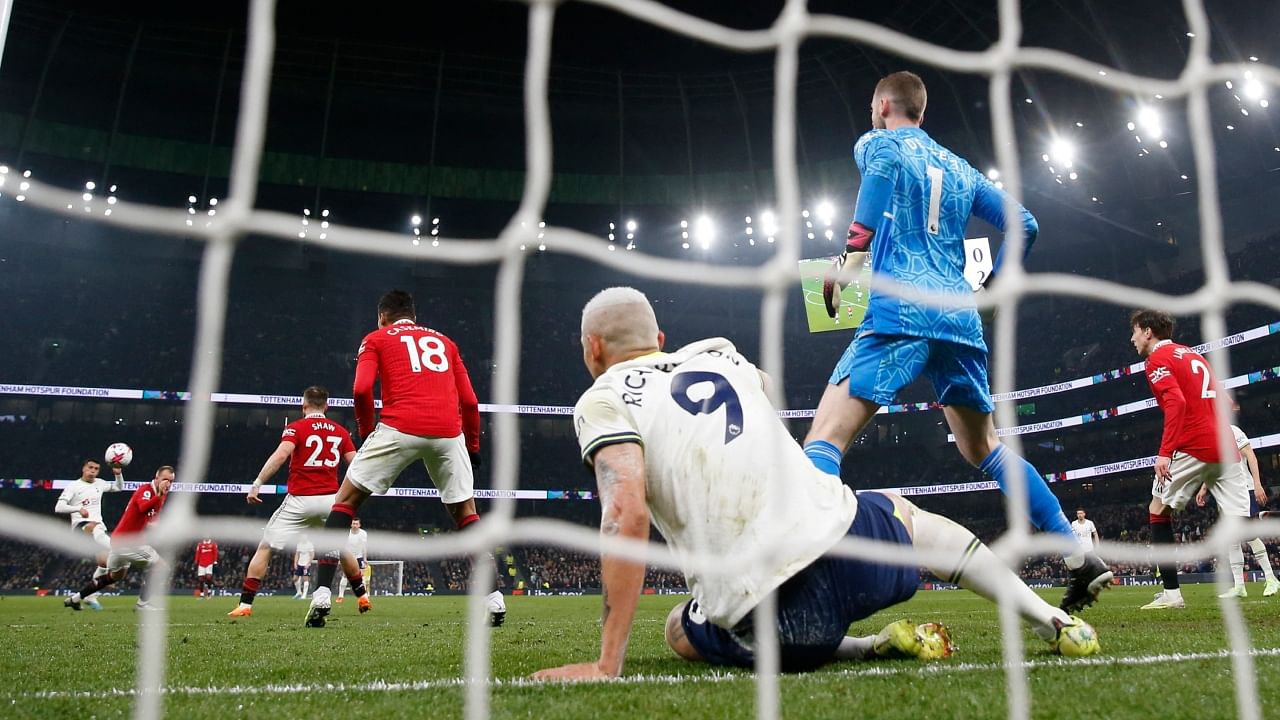 Tottenham Hotspur's Pedro Porro scores their first goal. Credit: Reuters Photo