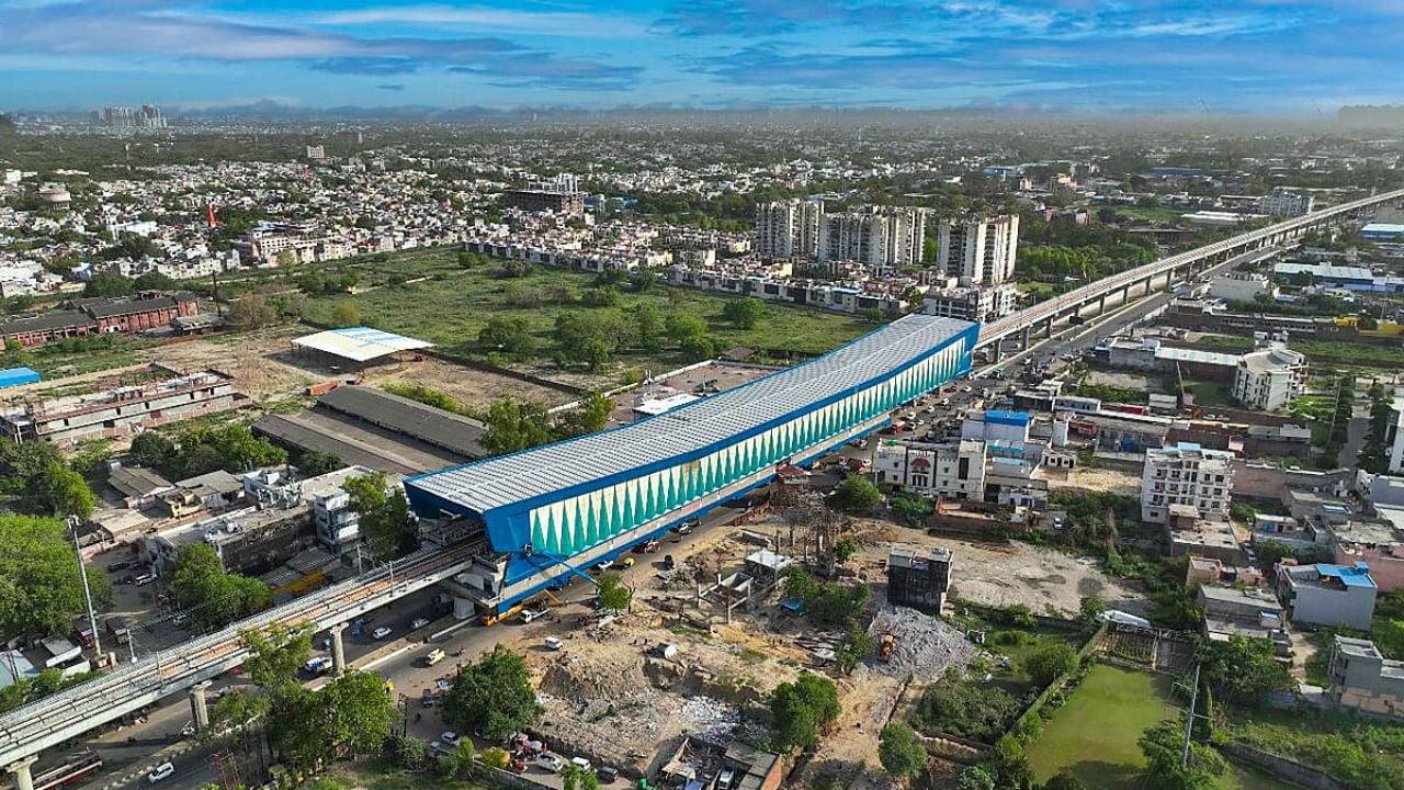 A RAPIDX station built by the NCRTC for India's first regional rail corridor. The colours of the stations have been inspired by the colours of peacock feathers. Credit: PTI Photo