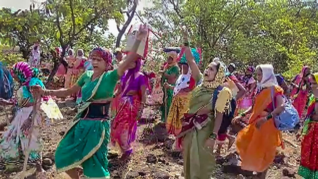 Local women of Barsu village during a protest against the petrochemical refinery project in the area, at Rajapur taluka in Ratnagiri district, Tuesday, April 25, 2023. Credit: PTI Photo