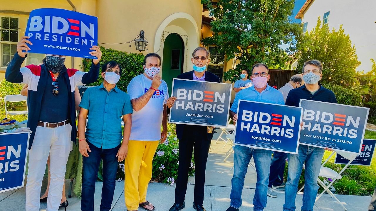 Indian Americans during a Get out the Vote (GOTV) rally in support of Joe Biden and running mate Kamala Harris for the 2020 Presidential elections, in California, October 2020. Credit: PTI Photo