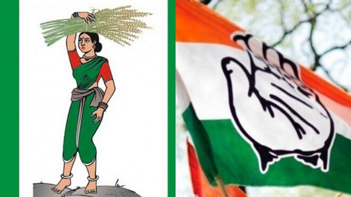 JD(S) logo (left) and Congress logo (right). Credit: DH Photo, Getty Images