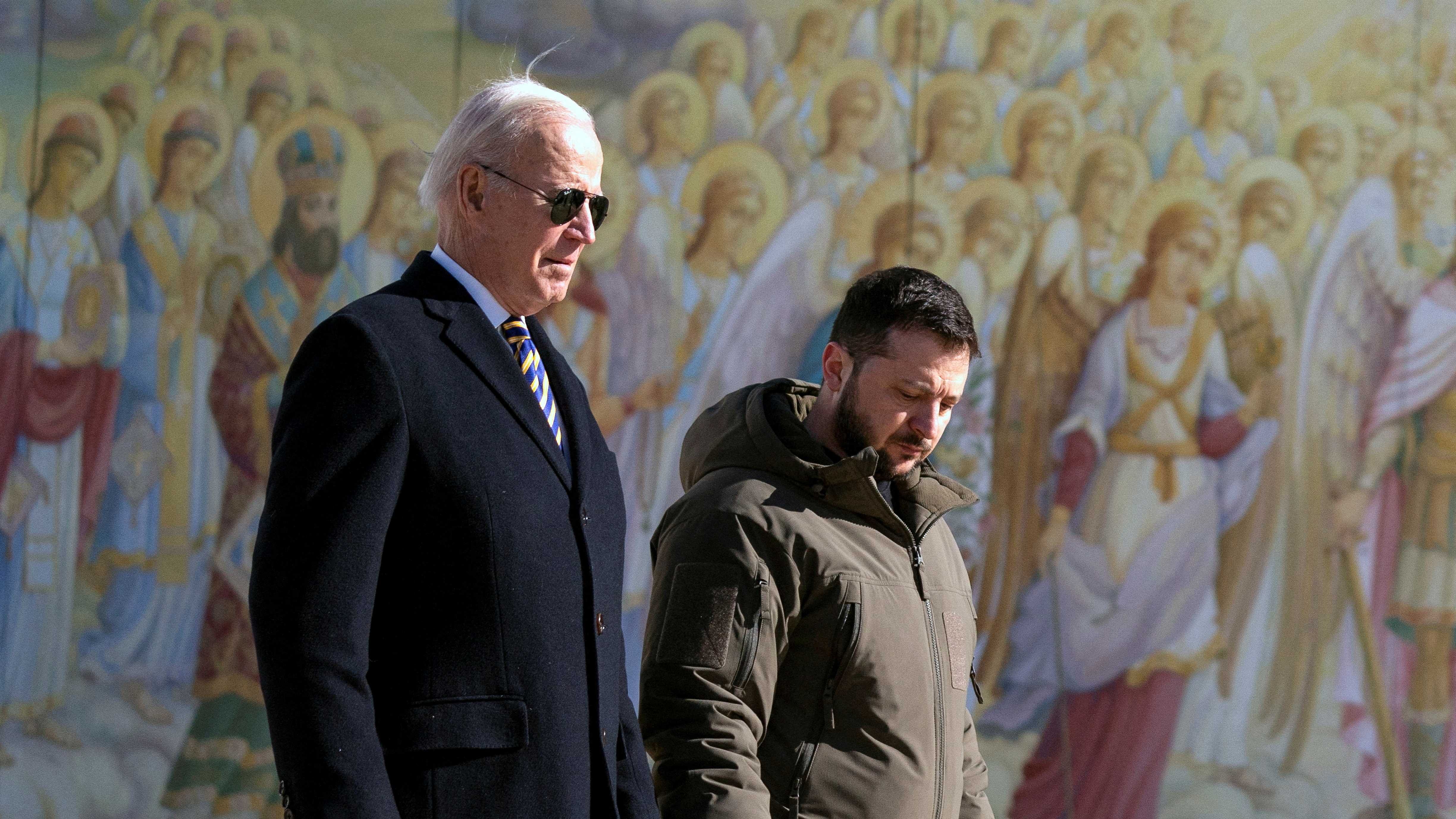 US President Joe Biden walks with Ukrainian President Volodymyr Zelenskiy at St. Michael's Golden-Domed Cathedral during an unannounced visit, in Kyiv. Credit: Reuters Photo