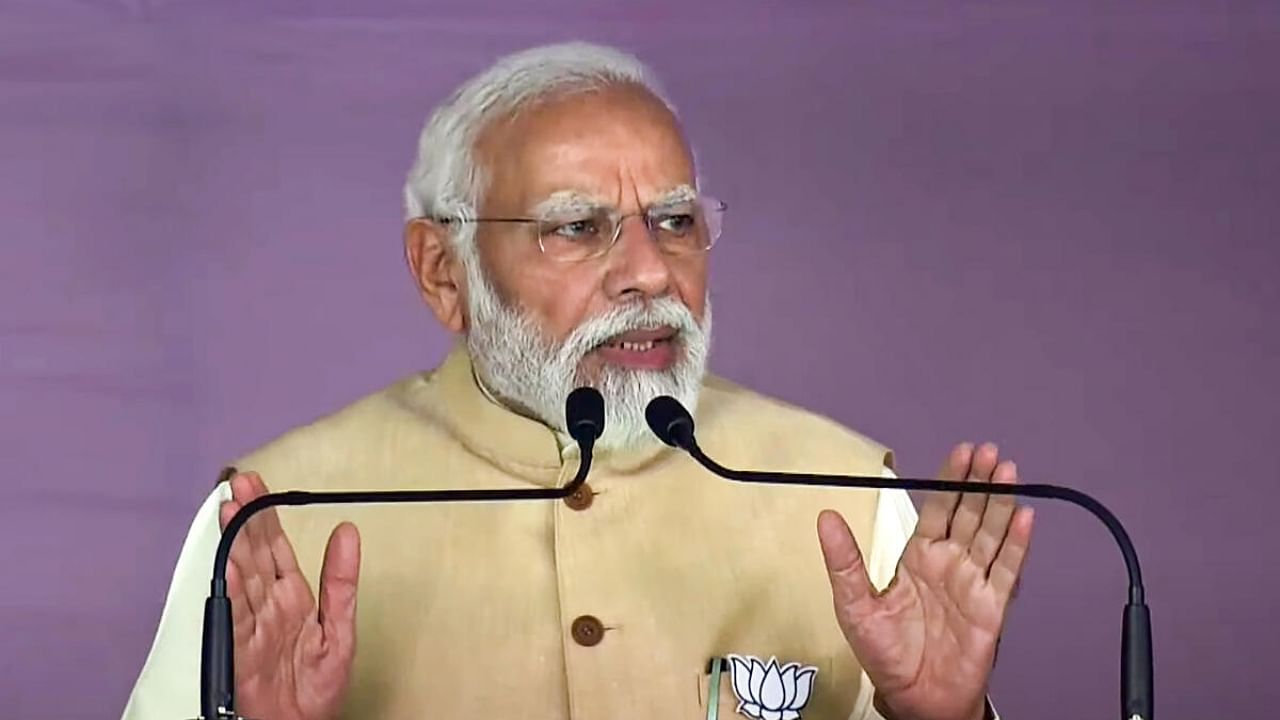 Prime Minister Narendra Modi speaks during a public meeting ahead of Karnataka Assembly elections, in Humnabad. Credit: PTI Photo