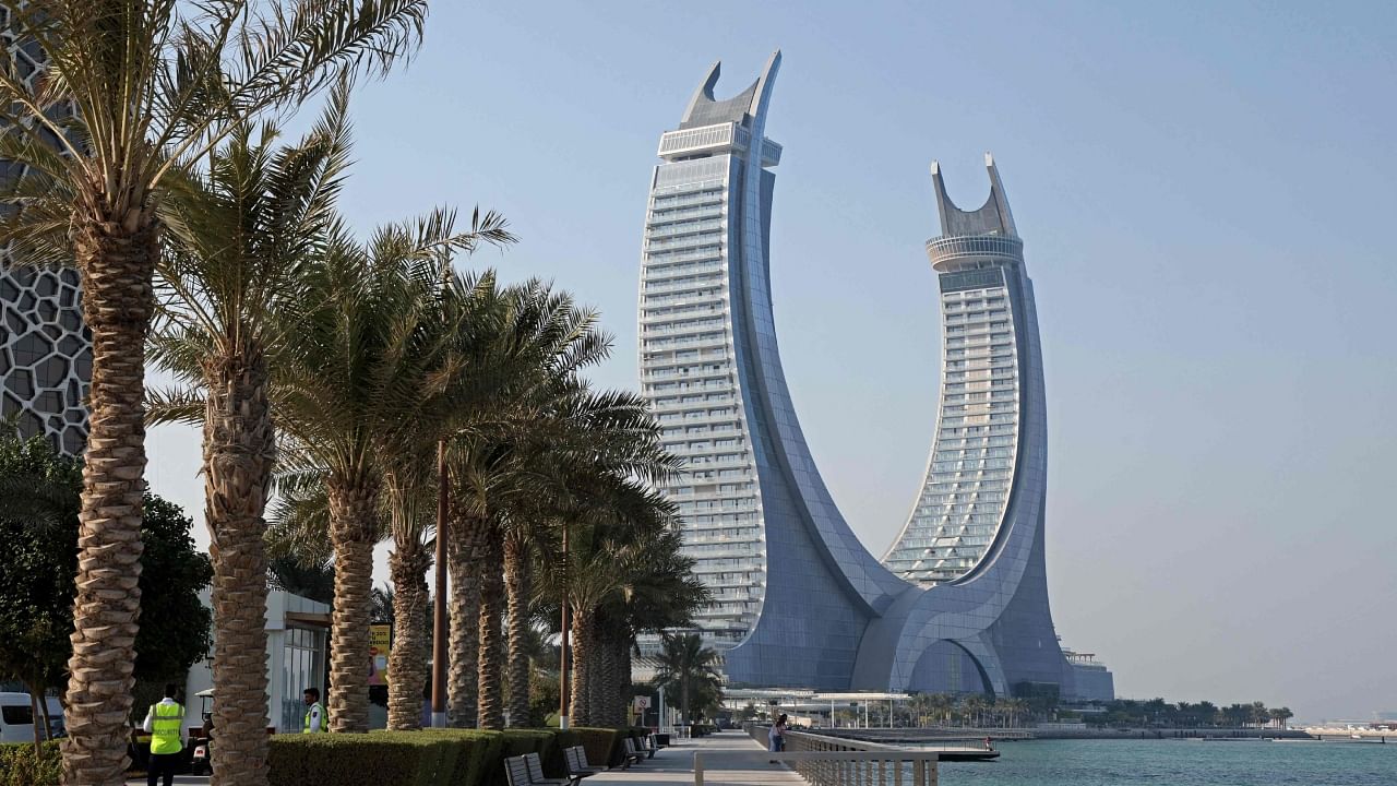 In this file photo taken on October 1, 2022 a general view shows the Katara Towers in the Qatari coastal city of Lusail ahead of the Qatar 2022 FIFA World Cup. - Months after hundreds of thousands of football fans packed into its hotels and stadiums, Qatar is seeking to remedy a bout of the post-World Cup blues by hosting more international events. Credit: AFP Photo