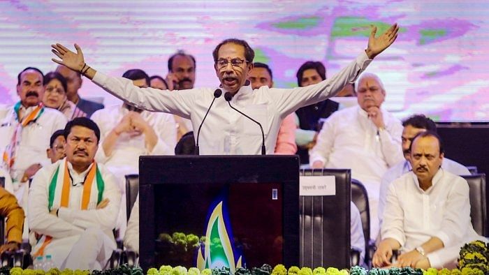 Former Maharashtra chief minister Uddhav Thackeray speaks during Maha Vikas Aghadi's 'Vajramuth' public rally in Nagpur. Credit: AFP Photo