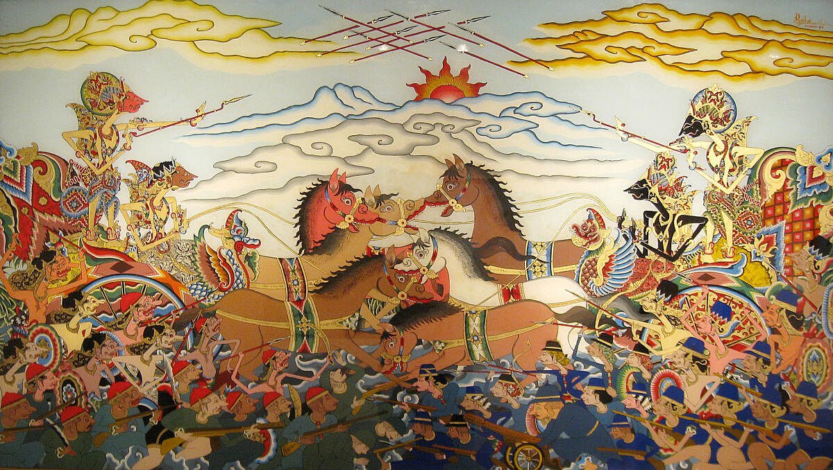 A Cirebon glass painting of the ‘Bharatayudha battle’ in Wayang style. On the left is Karna with Shalya and on the right is Arjuna with Krishna. (Pic courtesy: Wikimedia Commons/Wayang Exhibition, Bentara Budaya, Jakarta)