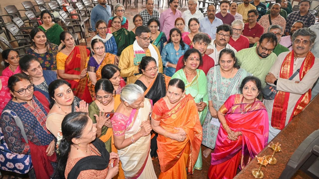 Carnatic musicians take part in a meeting organised by Karnataka Classical Music Confederation Trust in Bengaluru on Saturday. DH Photo / S K Dinesh