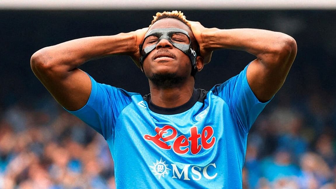  Napoli's Victor Osimhen reacts after a missed chance at the match of Napoli v Salernitana. Credit: AFP Photo