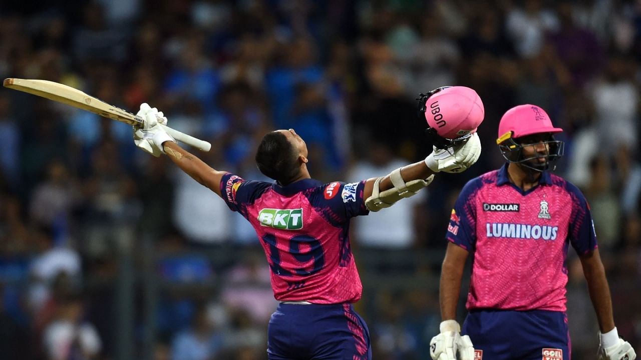 Rajasthan Royals' Yashasvi Jaiswal (L) celebrates after scoring a century. Credit: AFP Photo