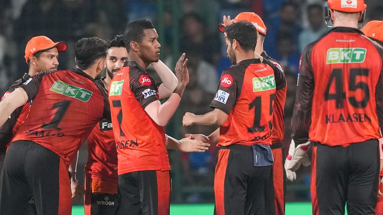  Sunriser Hyderabad bowler A Hosein celebrates with teammates the wicket of Delhi Capitals batter M Marsh during the IPL 2023 cricket match between Sunrisers Hyderabad and Delhi Capitals. Credit: PTI Photo