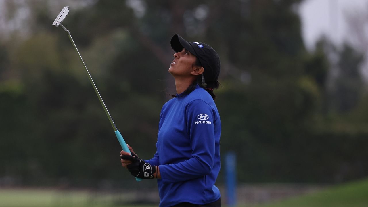 Aditi Ashok reacts to a missed putt on the 18th green in a play-off during the final round of the JM Eagle LA Championship presented by Plastpro at Wilshire Country Club on April 30, 2023 in Los Angeles, California. Credit: AFP Photo
