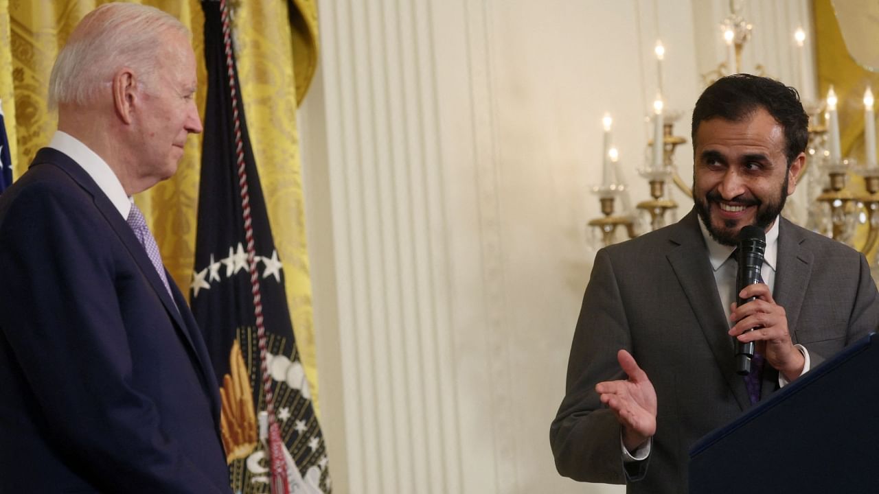 Imam Zia Makhdoom introduces US President Joe Biden during a reception to celebrate Eid al-Fitr, at the White House, in Washington, US, May 1, 2023. Credit: Reuters Photo