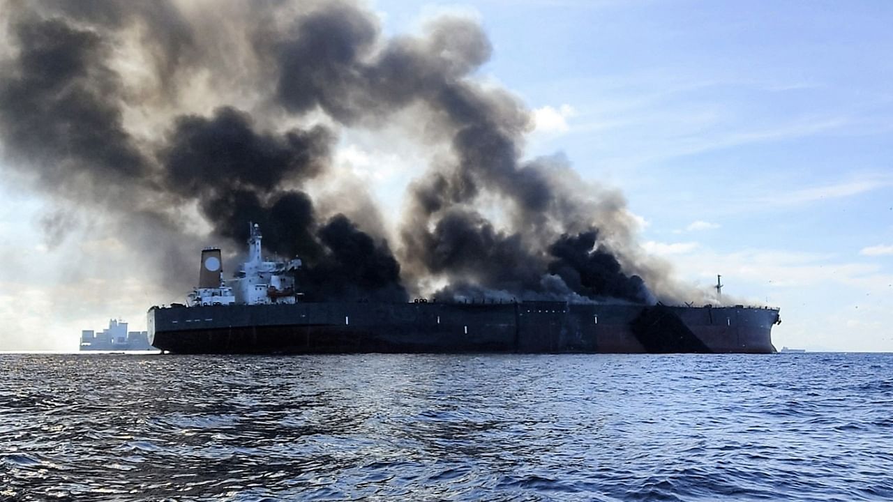 This handout photo taken on May 1, 2023 and released by the Malaysian Maritime Enforcement Agency on May 2, 2023 shows the tanker MT Pablo after the vessel caught fire off Malaysia's southern coast during its journey from China to Singapore. Credit: Malaysian Maritime Enforcement Agency/AFP Photo