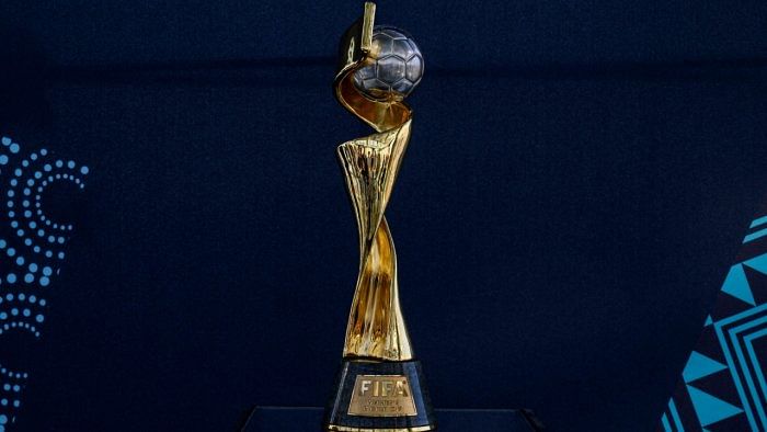 The FIFA Women's World Cup trophy is seen during its unveiling event at Summit at One Vanderbilt in New York City on April 14, 2023. Credit: AFP Photo