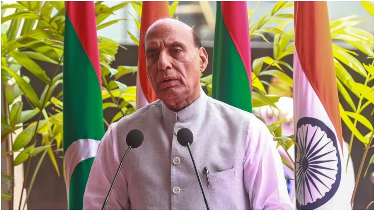 Defence Minister Rajnath Singh addresses during hands over a Fast Patrol Vessel and a Landing Craft Assault ship to Maldives on Day 2 of his visit, in Male ,on Tuesday, May 2, 2023. Credit: IANS Photo