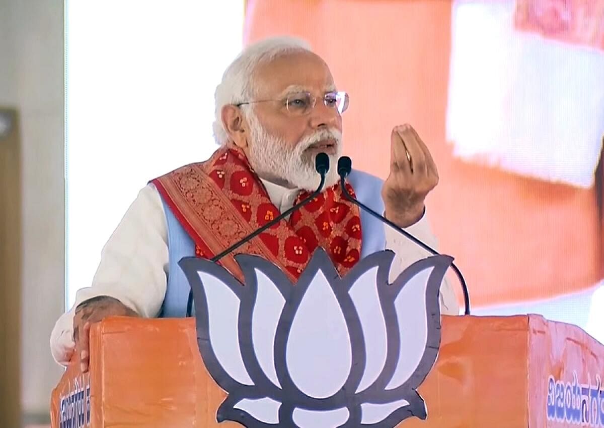 Prime Minister Narendra Modi addresses public during a rally ahead of Karnataka Assembly election, in Vijayanagara, on Tuesday, May 2, 2023.. Credit: IANS/Twitter