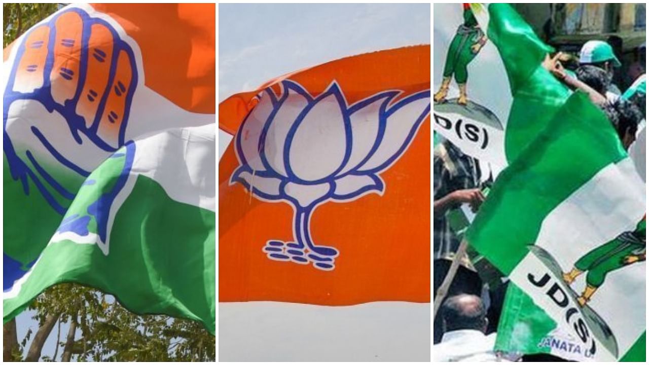 <div class="paragraphs"><p>Representative image of flags of Congress, BJP and JD(S).</p></div>