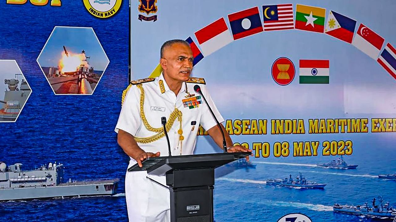 Navy Chief Admiral R Hari Kumar addresses the inaugural ceremony of maiden ASEAN – India Maritime Exercise (AIME) 2023, Changi, Singapore. Credit: PTI Photo