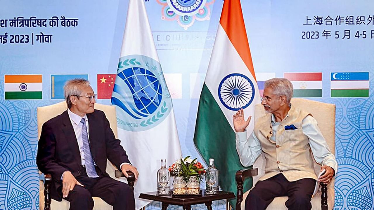 External Affairs Minister S. Jaishankar interacts with Shanghai Cooperation Organisation (SCO) Secretary-General Zhang Ming during a meeting on the sidelines of the SCO Foreign Ministers’ Meeting. Credit: Twitter/@DrSJiashankar