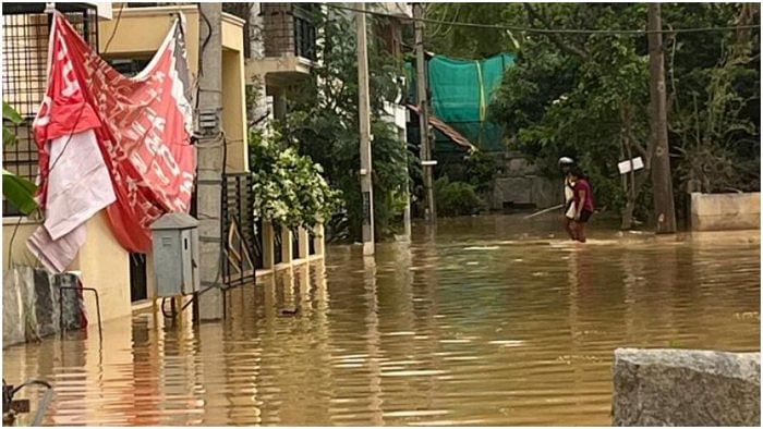 A flooded street of Blessing Garden Layout in Byrathi, off Hennur-Bagalur Road, on Monday. Credit: Special Arrangement