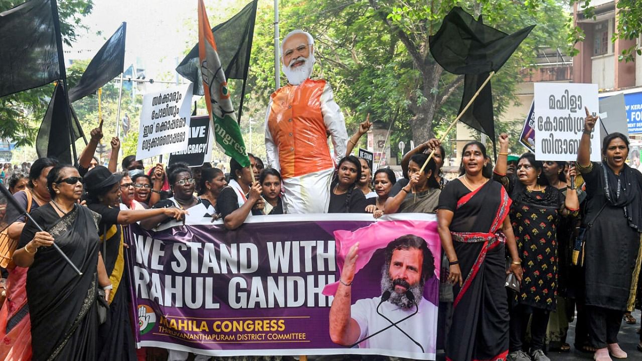  Mahila Congress activists during a protest against disqualification of Congress leader Rahul Gandhi from the Lok sabha, in Thiruvananthapuram, Wednesday, March 29, 2023. Credit: PTI Photo