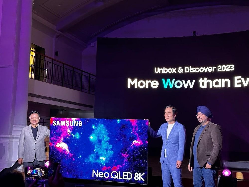 Samsung (Southwest Asia) President and CEO JB Park (left), Samsung India (Consumer Electronics Business) Corporate Vice President CH Choi and Samsung India (Consumer Electronics Business) Senior Vice President Mohandeep Singh (right) during a press conference to launch the company's Neo QLED 8K Television, in Bengaluru, Thursday, May 4, 2023. Credit: DH Photo/KVN Rohit