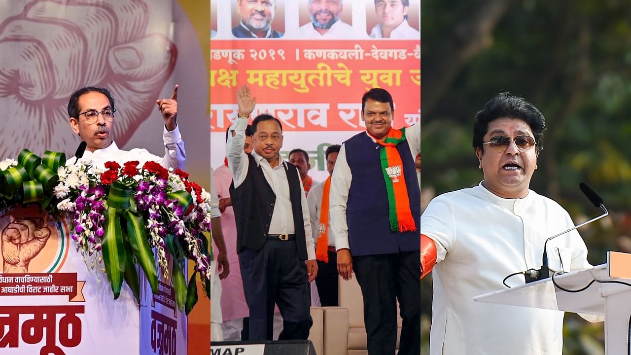Shiv Sena (UBT) head Uddhav Thackeray, Union MSME Minister and senior BJP leader Narayan Rane with former CM Devendra Fadnavis & Maharashtra Navnirman Sena President Raj Thackeray. Credit: PTI Photos