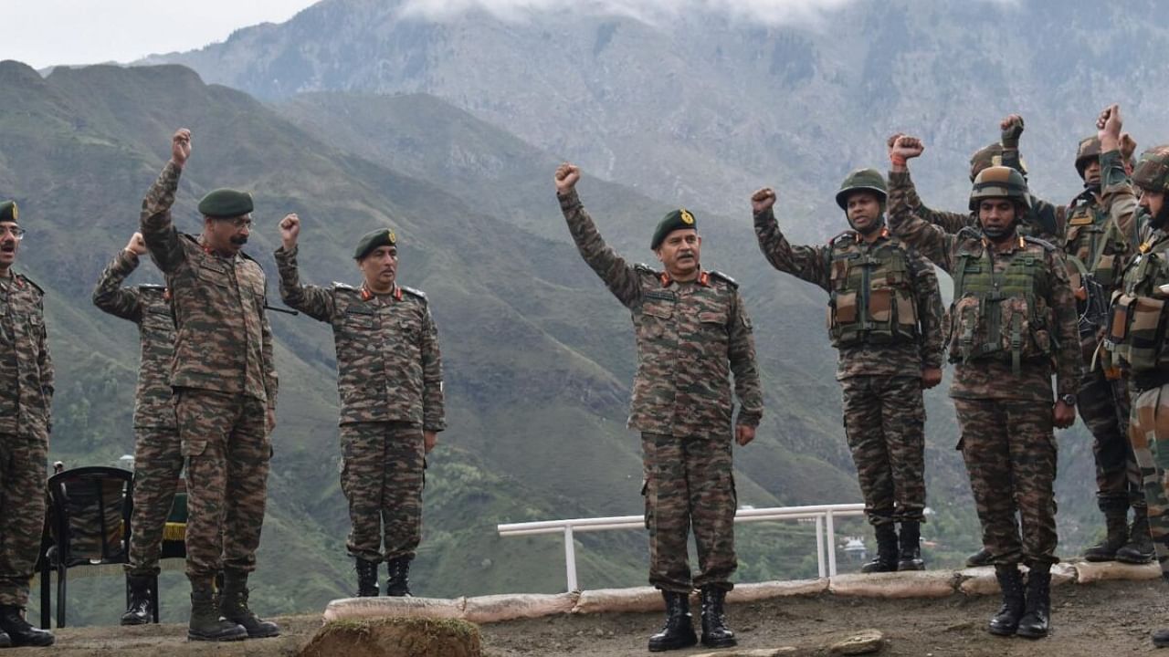 Lt Gen Upendra Dwivedi, Northern Command Commander, during his visit to remote operating bases at Rajouri & Kishtwar districts to review the operational preparedness, in Jammu and Kashmir. Credit: PTI Photo