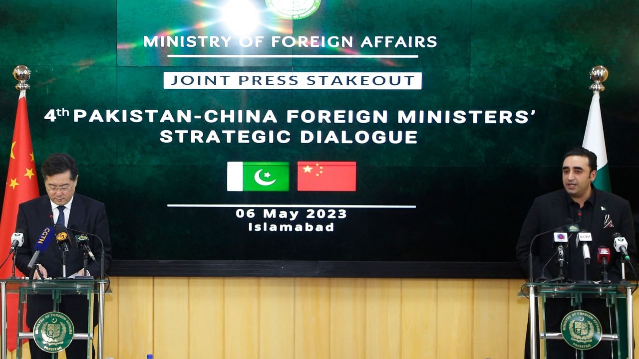 Pakistan's Foreign Minister Bilawal Bhutto Zardari (R) addresses a joint press conference along with his Chinese counterpart Qin Gang at the foreign ministry in Islamabad on May 6, 2023. Credit: AFP Photo
