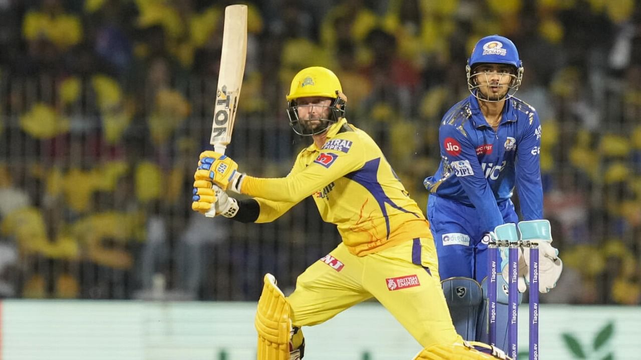 CSK batter Devon Conway plays a shot during the IPL 2023 cricket match between Chennai Super Kings and Mumbai Indians. credit: PTI Photo