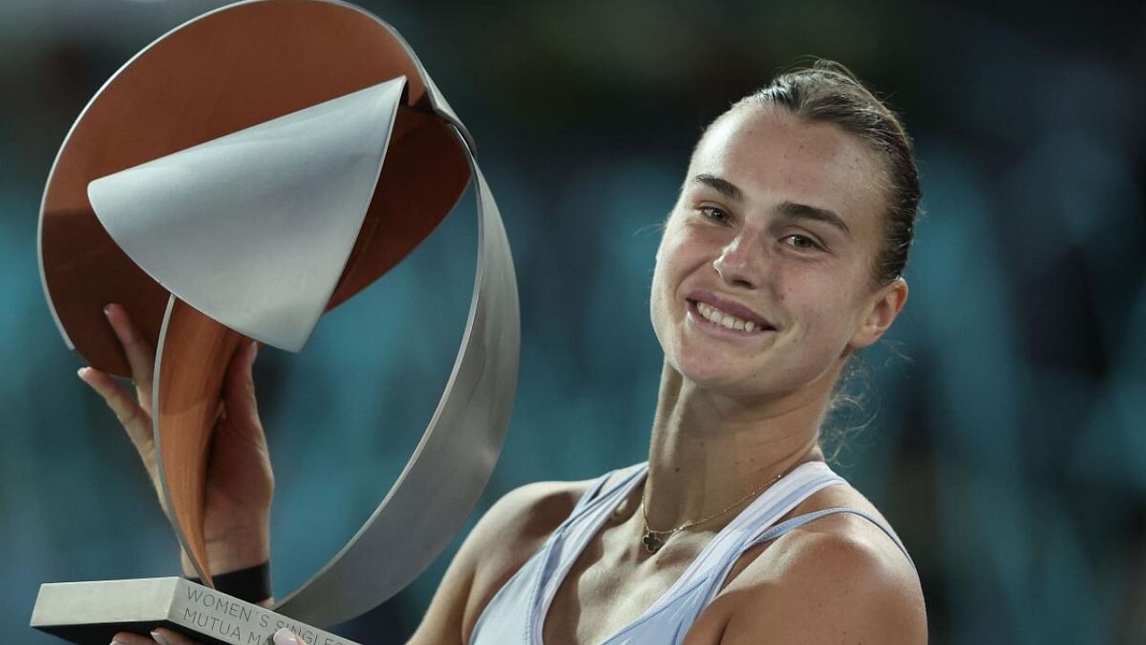 Aryna Sabalenka with the Madrid Open trophy. Credit: AFP Photo