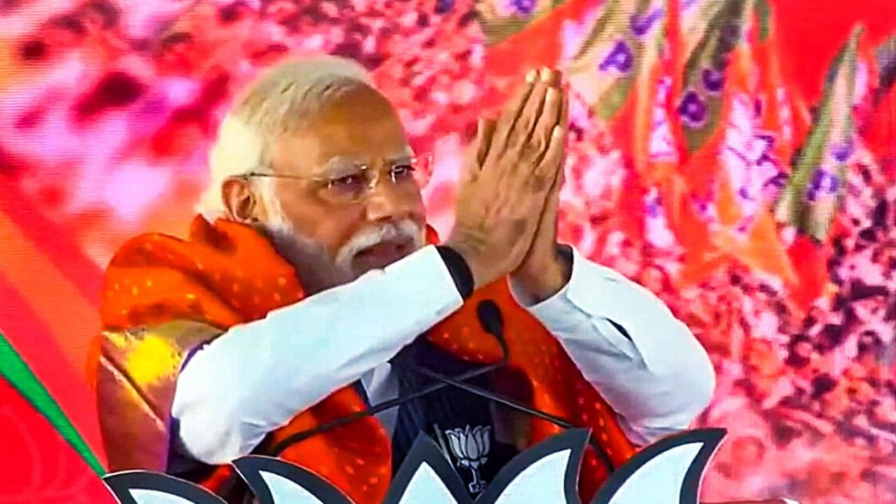 Narendra Modi addresses a public meeting ahead of Karnataka Assembly elections, in Shivamogga. Credit: PTI Photo