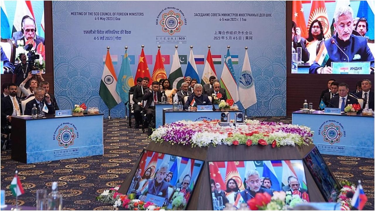 EAM Jaishankar addressing the SCO meet. Credit: AFP Photo/Indian Ministry of External Affairs