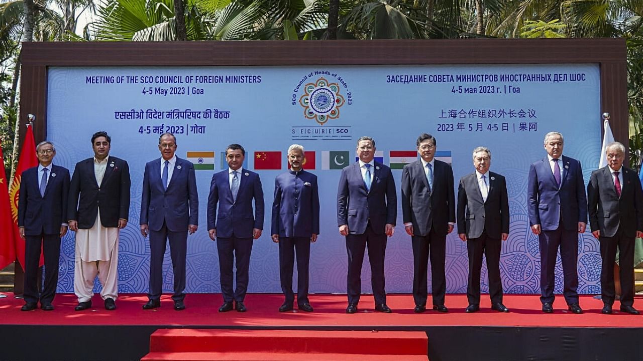 Foreign ministers of India, Pakistan, Uzbekistan, Russia, Kazakhstan, Kyrgyzstan, Tajikistan pose before the Shanghai Cooperation Organization (SCO) council. Credit: PTI Photo