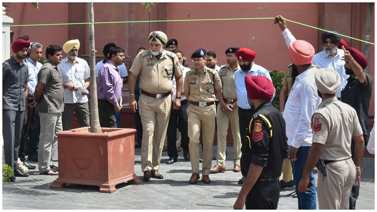 Director General of Police, Punjab, Gaurav Yadav (centre) with police personnel at the site after an explosion occurred on Heritage Street near Golden Temple, in Amritsar, Monday, May 8. Credit: PTI Photo