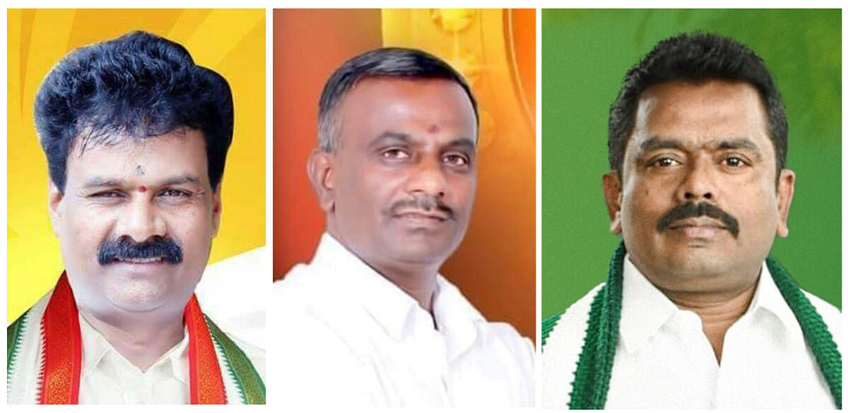 Anekal constituency Candidates (From Left) B. Shivanna (Cong), Hullalli Shrinivas (BJP) and K P Raju (JDs). Credit: DH Photo