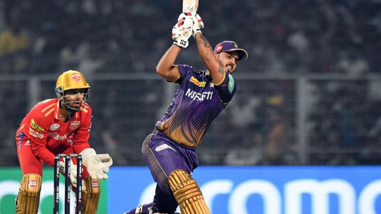 KKR's captain Nitish Rana plays a shot during the IPL 2023 match between Kolkata Knight Riders and Punjab Kings, at Eden Gardens, in Kolkata. Credit: IANS Photo