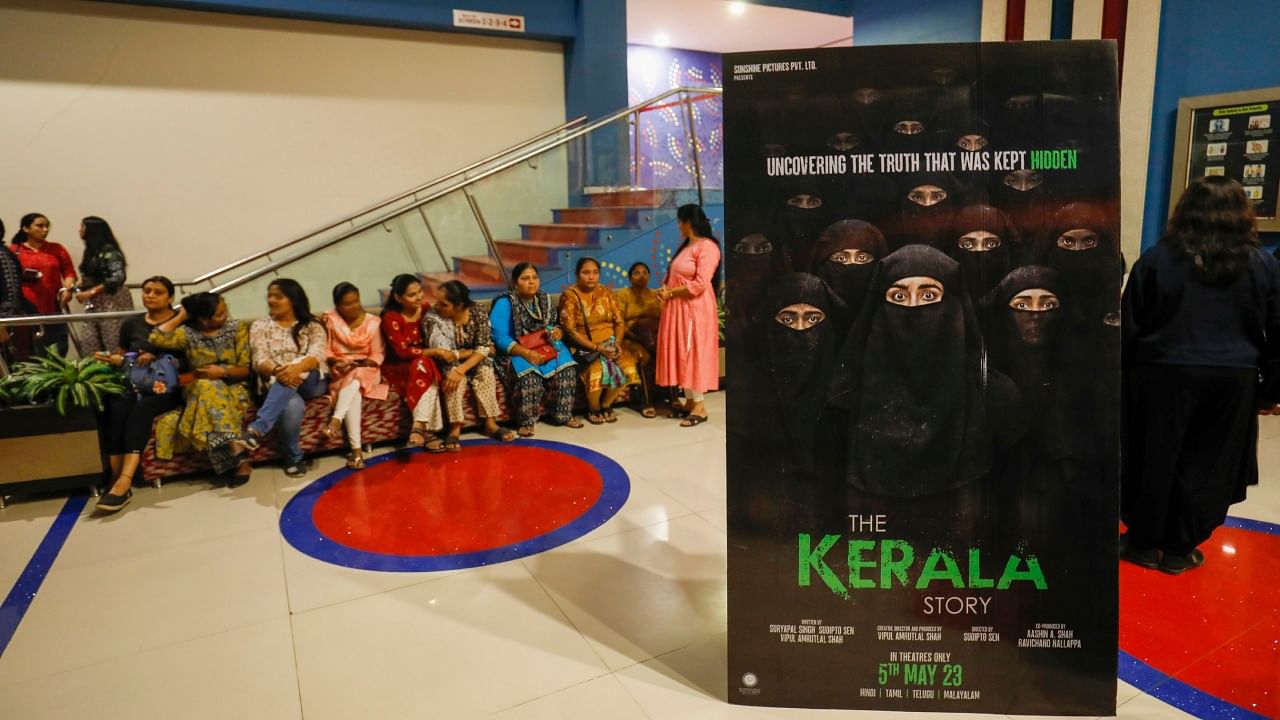 Women wait at a cinema hall to watch the 'The Kerala Story' film in Ahmedabad, Saturday, May 6, 2023. Credit: PTI Photo