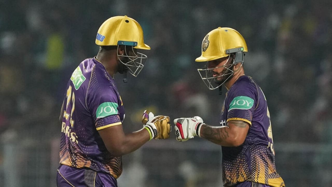 Nitish Rana and Andre Russell during the match. Credit: PTI Photo