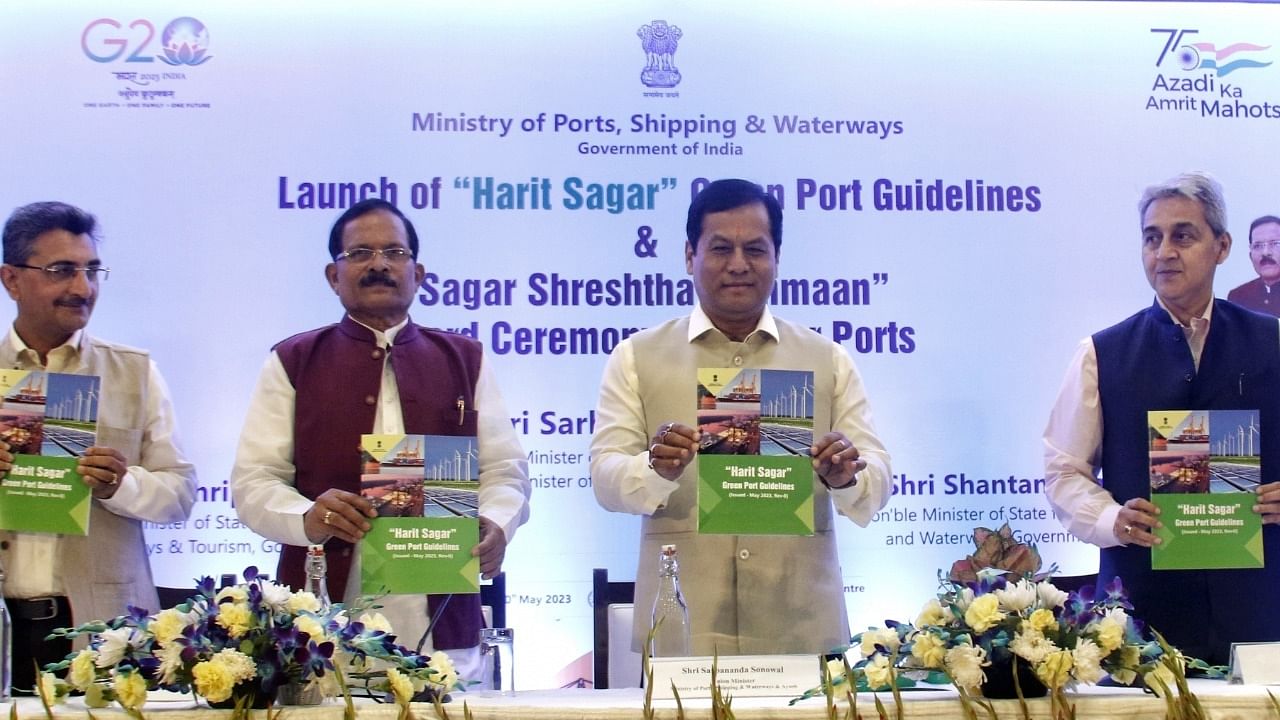 Union Minister Sarbananda Sonowal with Mos Shripad Naik and others during the launch of 'Harit Sagar' Green Port Guidelines. Credit: IANS Photo