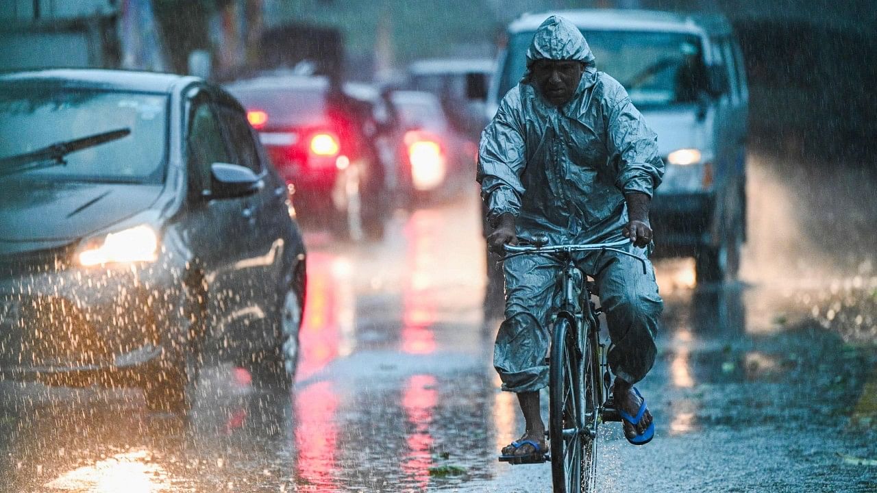 A man rides a bicycle along a road during a heavy downpour in Colombo. Credit: AFP Photo