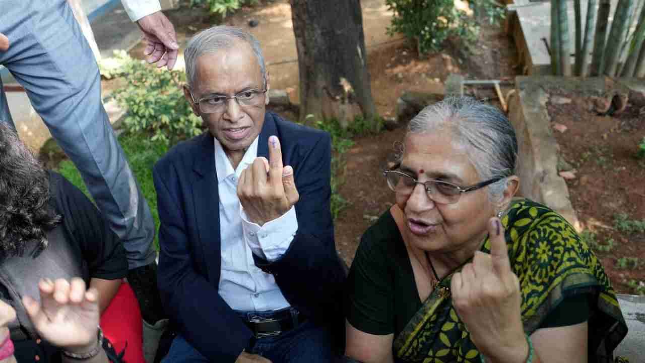 Bengaluru: Infosys co-founders Narayana Murthy and Sudha Murthy after casting their votes for Karnataka Assembly elections, in Bengaluru, Wednesday, May 10, 2023. Credit: PTI Photo