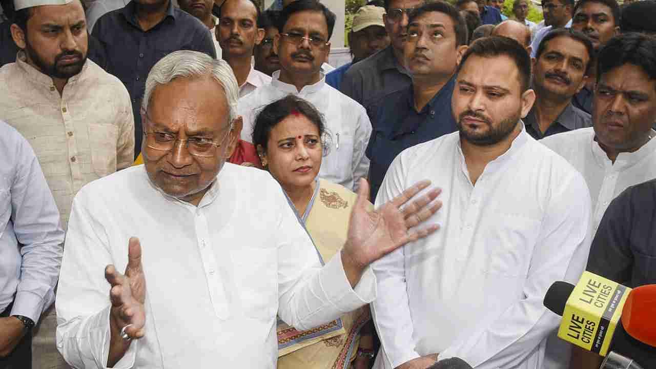 Patna: Bihar Chief Minister Nitish Kumar with Deputy Chief Minister Tejashwi Yadav speaks with the media during an event, in Patna. Credit: PTI Photo
